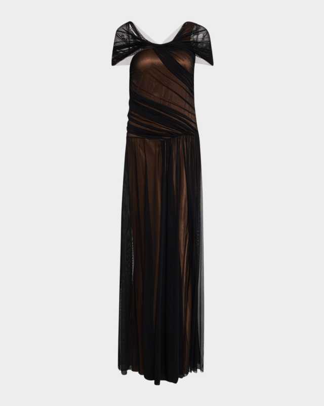 Mesh Off-The-Shoulder Satin Gown